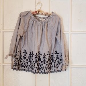 Off Shoulder Blue Striped Embroidered Blouse